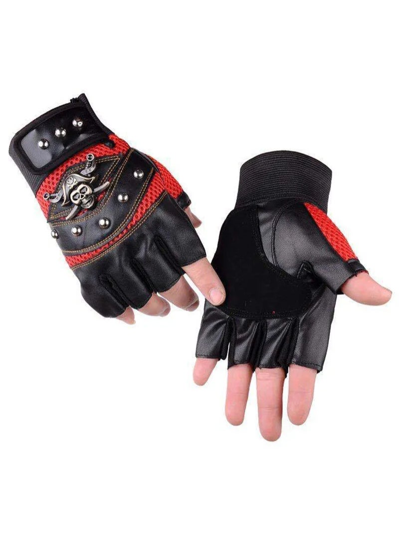 AROAQ Punk Skulls Rivet Pu Leather Gloves Men Women Fashion Hip Hop Gym Half Finger Gloves Summer Cycling Motorcycle Accessories Red - Image 2