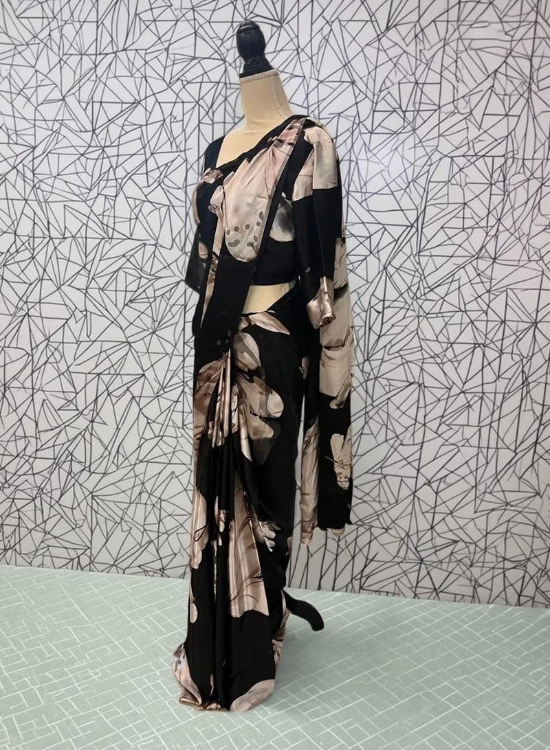 Women Elegant Black Saree With Cream Beige Floral Print  - Image 4