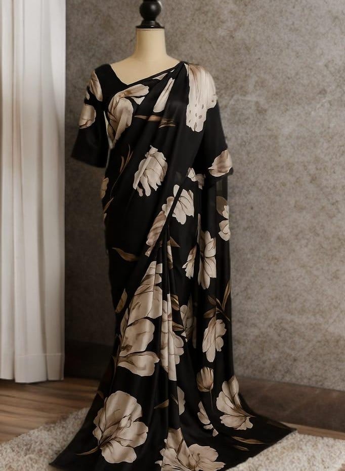Women Elegant Black Saree With Cream Beige Floral Print  - Image 1