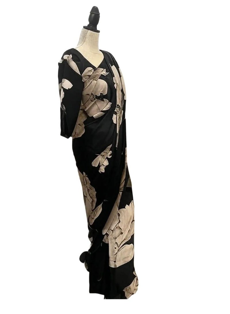 Women Elegant Black Saree With Cream Beige Floral Print  - Image 3