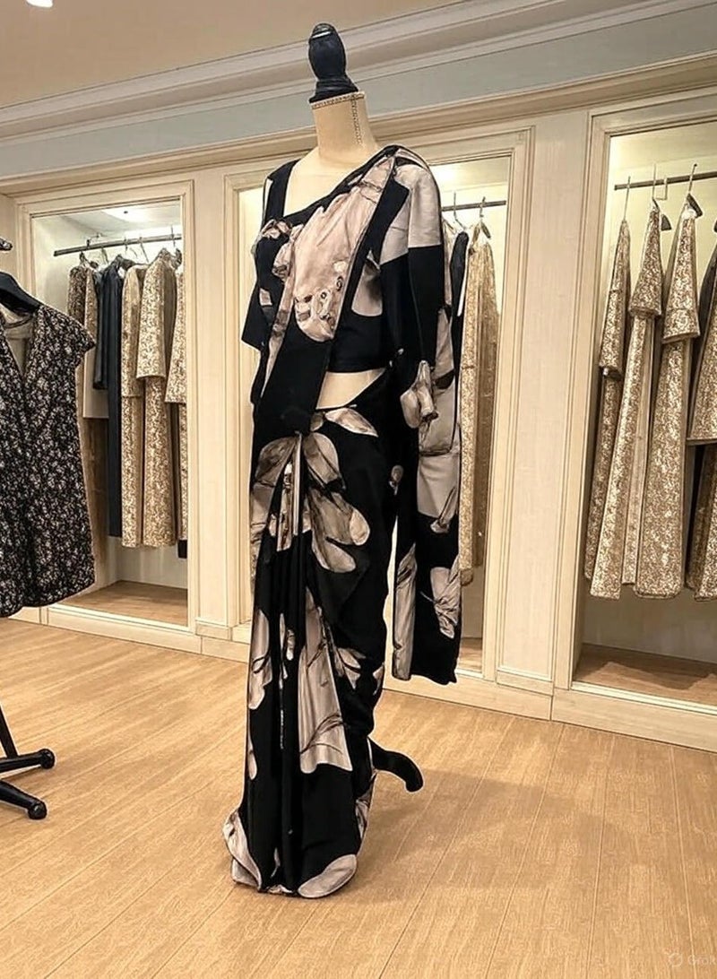 Women Elegant Black Saree With Cream Beige Floral Print  - Image 2