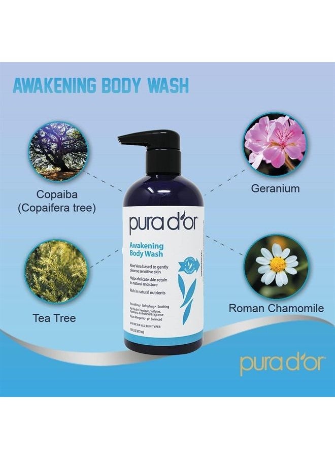 Pura d'or - Awakening Body Wash (16oz) with Aloe Vera, Chamomile, Lavender, Tea Tree and Natural Nutrients - pH Balanced for Moisturized Soft, Fresh-Feeling Skin, All Skin Types, Men & Women - Image 1