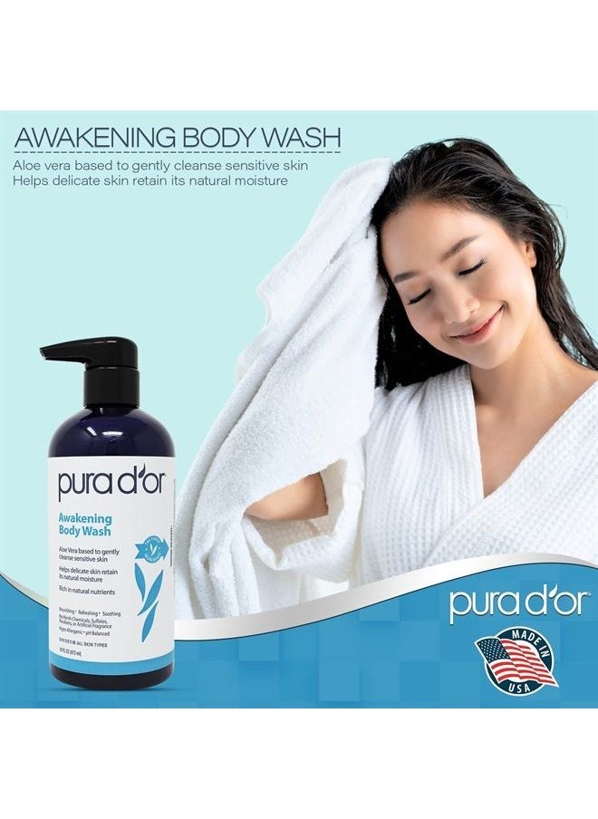 Pura d'or - Awakening Body Wash (16oz) with Aloe Vera, Chamomile, Lavender, Tea Tree and Natural Nutrients - pH Balanced for Moisturized Soft, Fresh-Feeling Skin, All Skin Types, Men & Women - Image 1