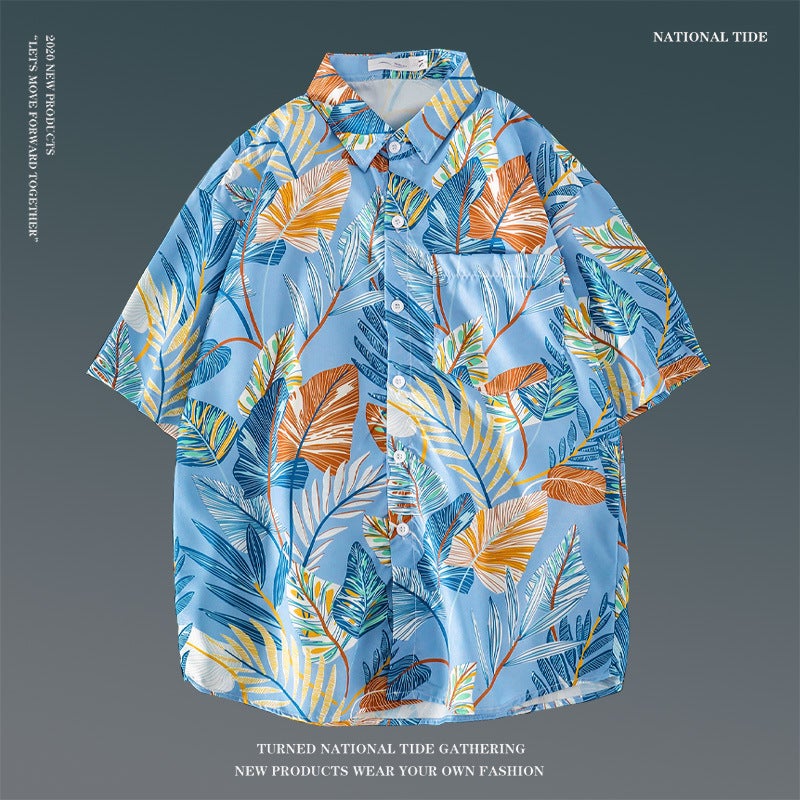 Japanese Style Ins Hong Kong Style Summer Short-Sleeved Floral Shirt Men'S Retro Loose Shirt For Hawaiian Beach Couples Women'S Loose Shirt - Image 1