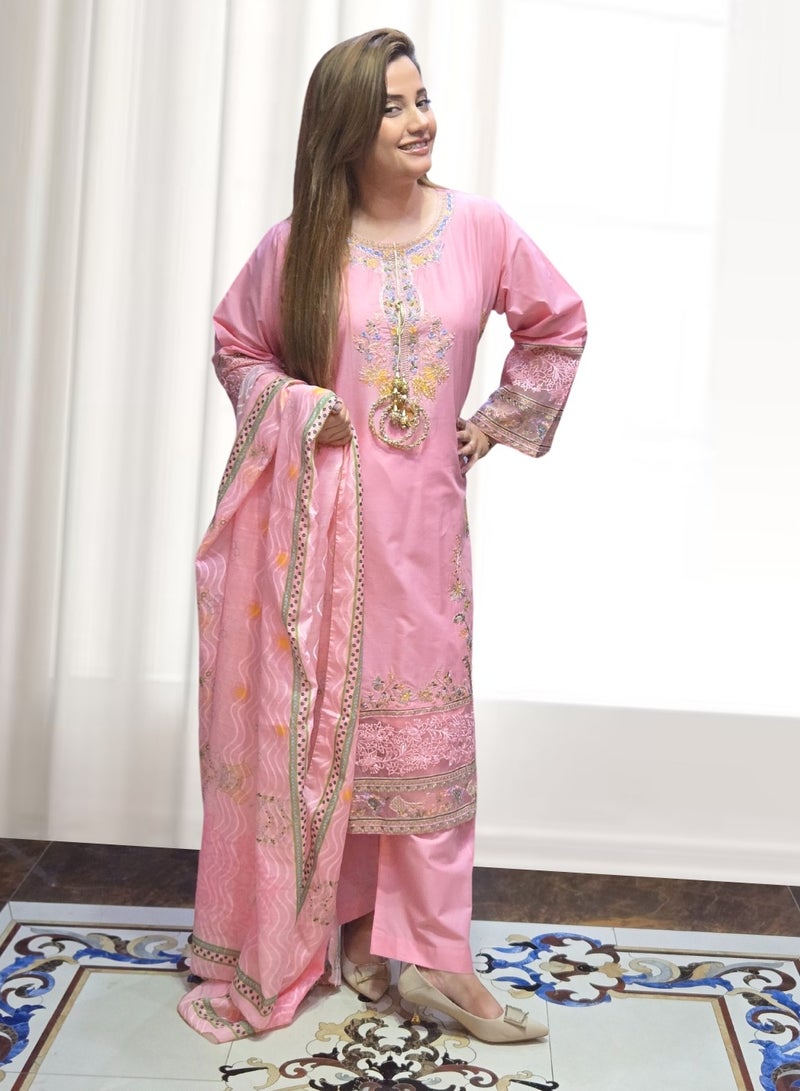 وينشيلز بدلة أنيقة مطرزة باللون الوردي مكونة من ثلاث قطع - فستان تقليدي مع دوباتا - كبير - Image 1