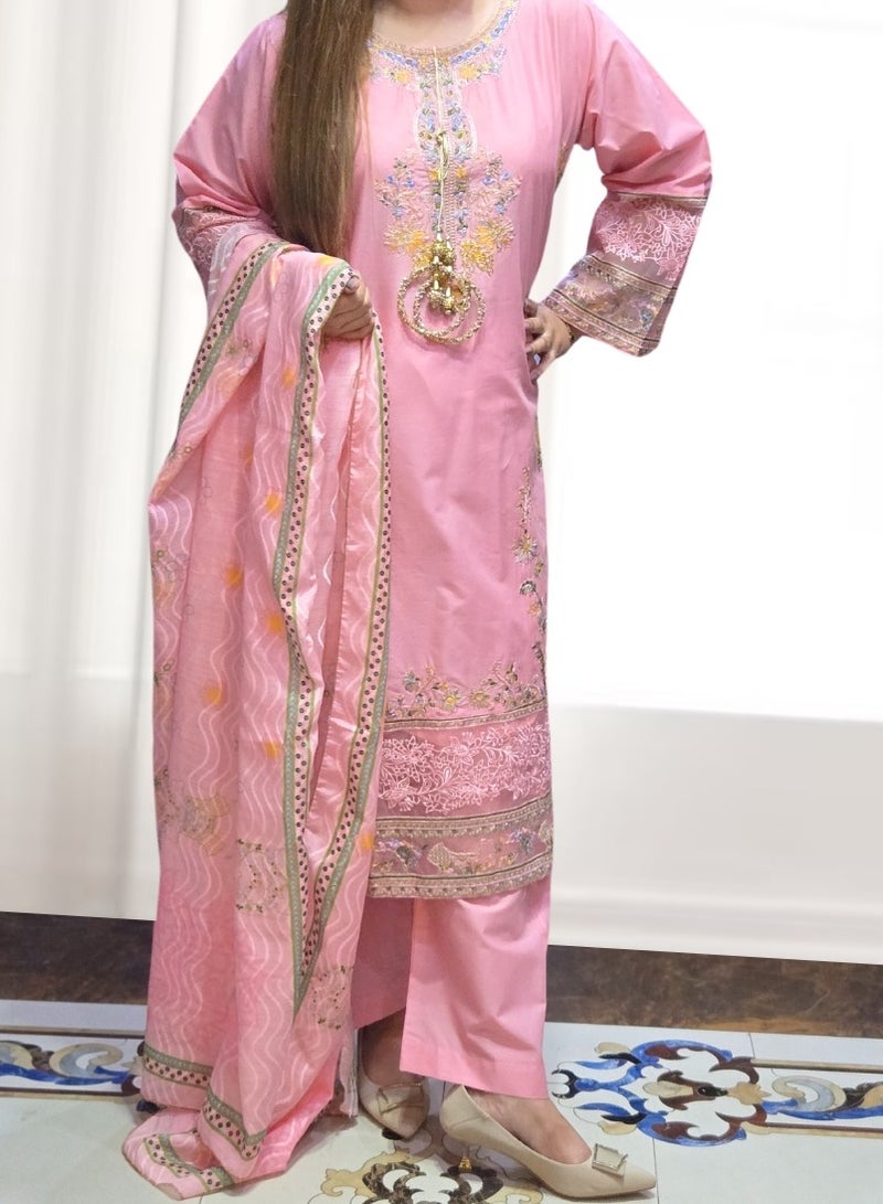 وينشيلز بدلة أنيقة مطرزة باللون الوردي مكونة من ثلاث قطع - فستان تقليدي مع دوباتا - كبير - Image 2