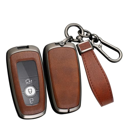 ontto Key Fob Case Compatible with Ford 345 Buttons Key RemoteMetal and Leather Key Cover for F150 F250 F350 F450 F550Antiscratched Key Holder Fit for Lincoln Aviator Corsair 2020up Brown - Image 1