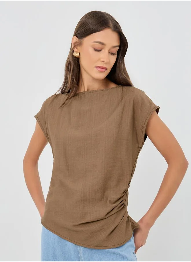ستايلي Styli Textured Linen Look Blouse with Side Ruched Detail
