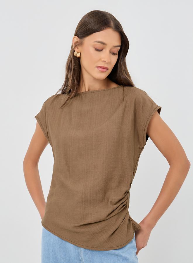 ستايلي بلوزة ستايلي بنقشة كتان مع تفاصيل كشكش جانبي - Image 1