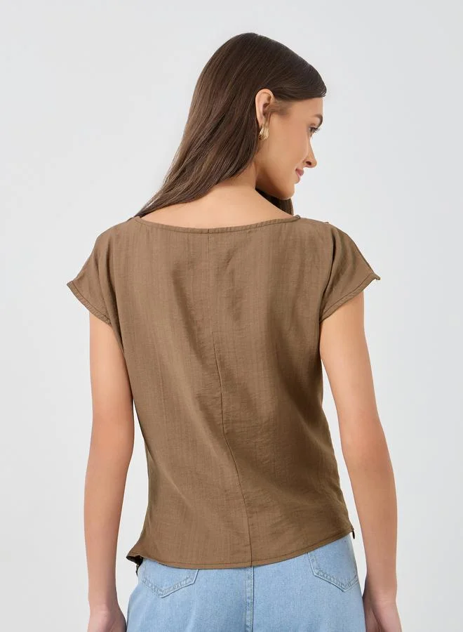 Styli Styli Textured Linen Look Blouse with Side Ruched Detail