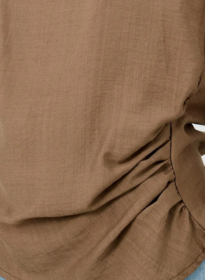 Styli Styli Textured Linen Look Blouse with Side Ruched Detail
