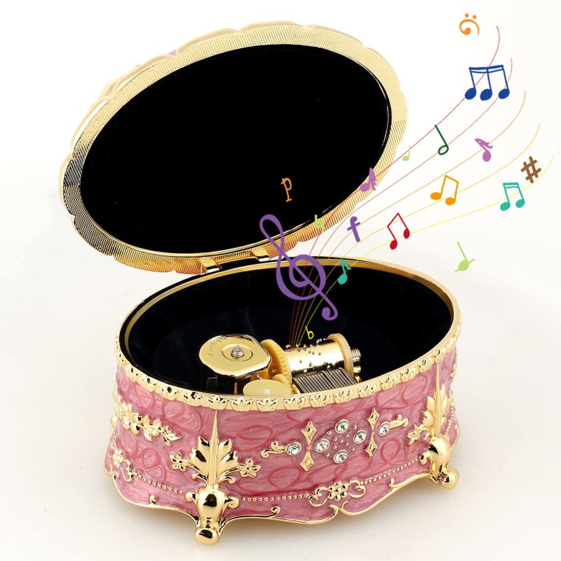 ROSIKING ROSIKING Oval Emboss Alloy Metal Music Box Wind Up Antique Jewelry Musical Boxes Christmas Birthday Valentines Day Gifts Plays AnastasiaOnce Upon a December 