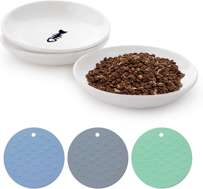 Set of 3 Ceramic Cat Bowls with Fishbone Motif, Includes Puppy Feeding Dish and Non-Slip Mats for Water and Food - Image 1