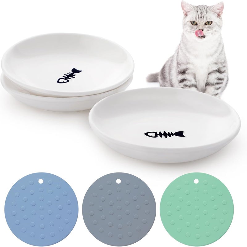 Set of 3 Ceramic Cat Bowls with Fishbone Motif, Includes Puppy Feeding Dish and Non-Slip Mats for Water and Food - Image 3