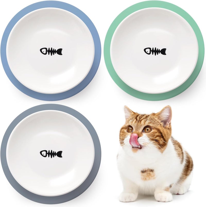 Set of 3 Ceramic Cat Bowls with Fishbone Motif, Includes Puppy Feeding Dish and Non-Slip Mats for Water and Food - Image 2