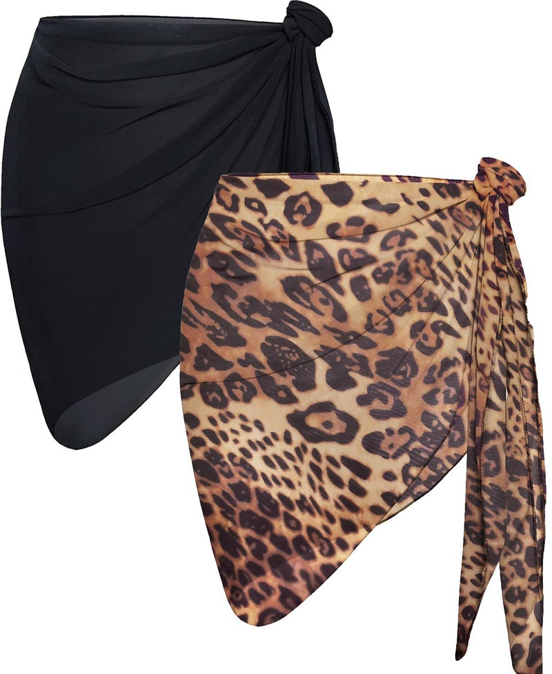 CHICGAL 2 Pieces Sarong Cover Ups for Women Beach Bathing Suit Wrap Sheer Short Skirt Bikini Chiffon Scarf for Swimwear (Brown Leopard and Black) - Image 1