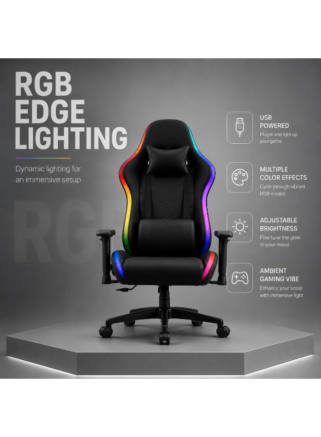 كرسي ألعاب بإضاءة RGB LED وكسوة جلد PU، مساند ذراع قابلة للتعديل، وسادتا رأس وظهر، إمالة حتى 135° ودوران 360° - Image 5
