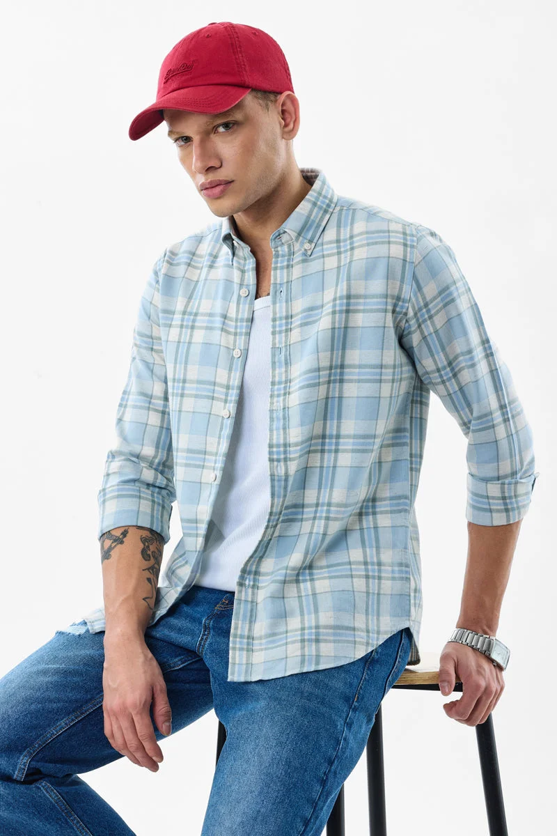 SNITCH Light Blue Checkered Long Sleeve Slim Fit Shirt