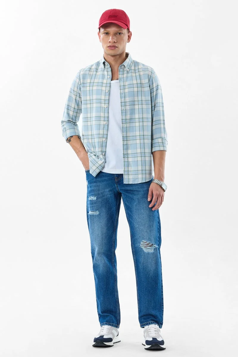 سنيتش Light Blue Checkered Long Sleeve Slim Fit Shirt