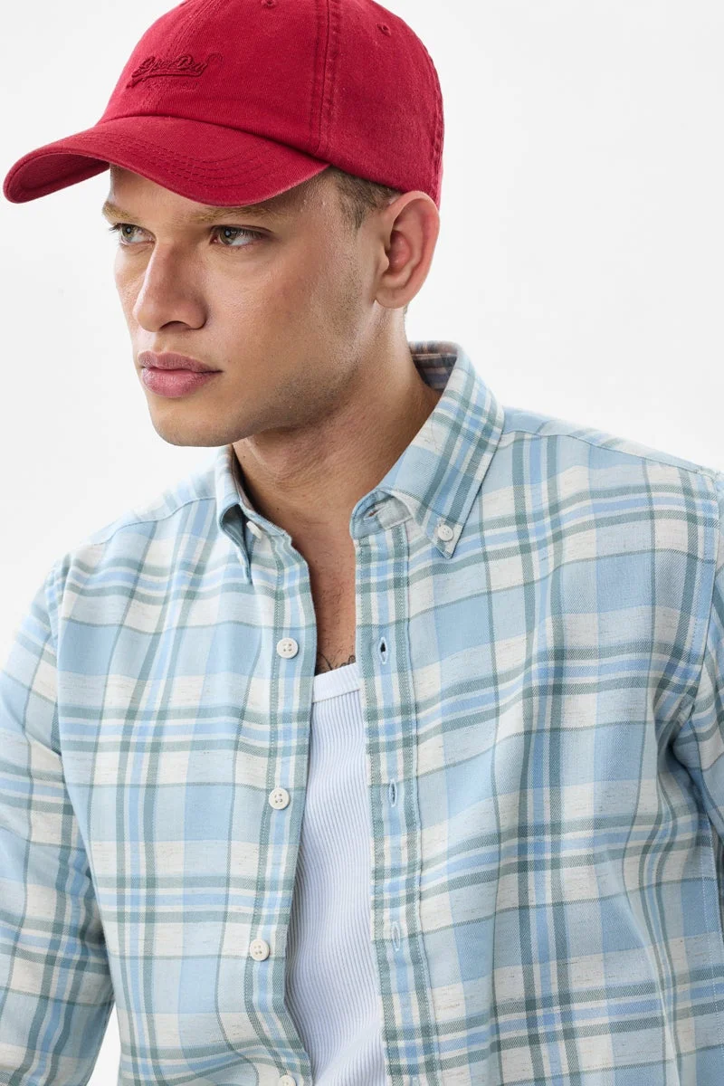 سنيتش Light Blue Checkered Long Sleeve Slim Fit Shirt