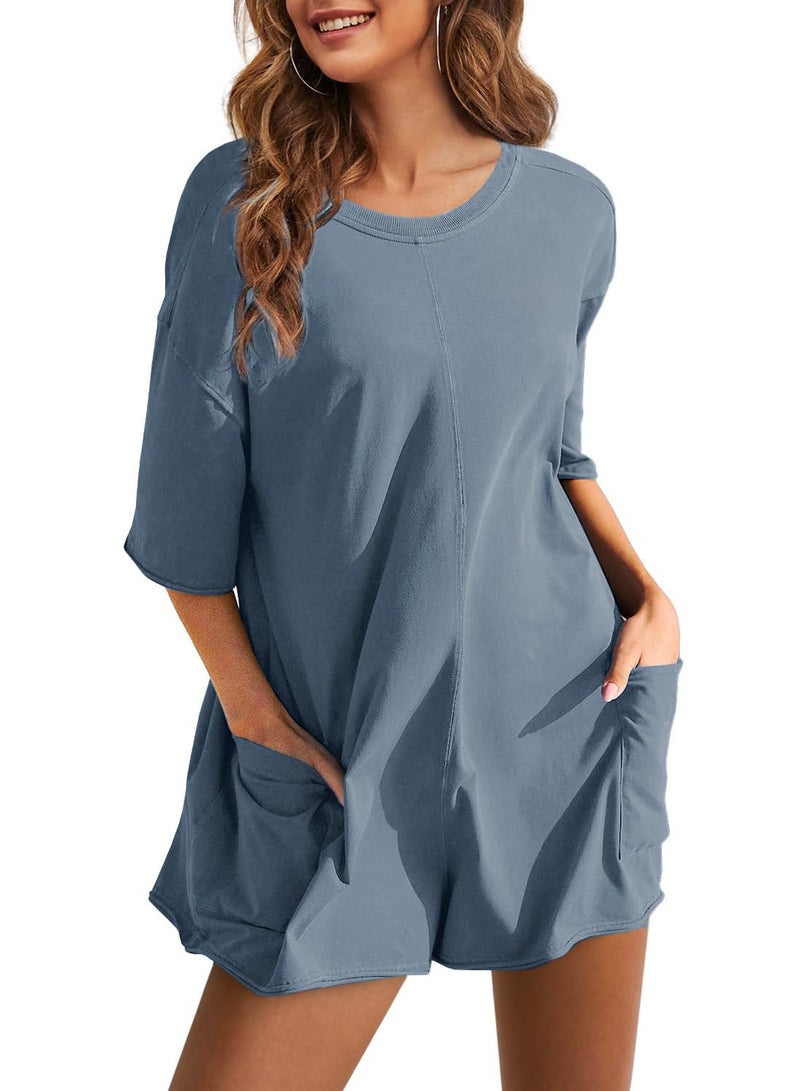 UANEO Rompers for Women Casual Oversized Athletic Jumpsuits Overalls Workout Hot Shot Tee Romper (BlueGrey-XL) - Image 3
