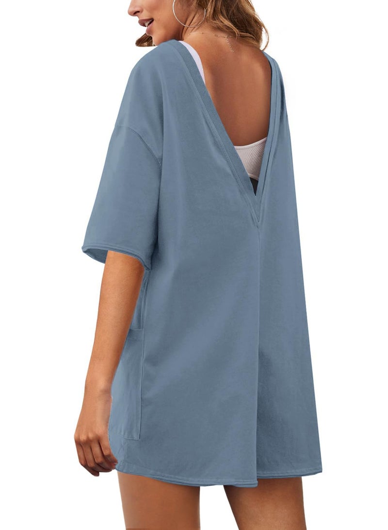 UANEO Rompers for Women Casual Oversized Athletic Jumpsuits Overalls Workout Hot Shot Tee Romper (BlueGrey-XL) - Image 2