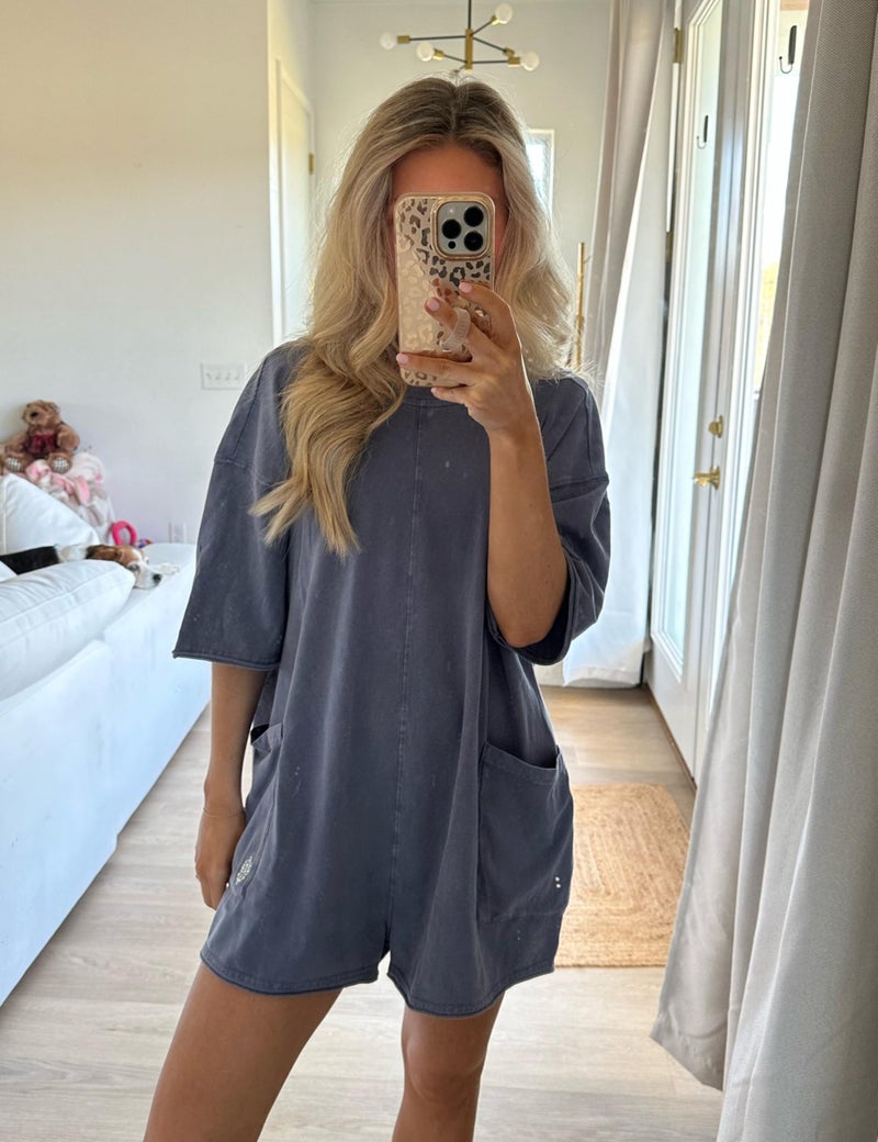 UANEO Rompers for Women Casual Oversized Athletic Jumpsuits Overalls Workout Hot Shot Tee Romper (BlueGrey-XL) - Image 4