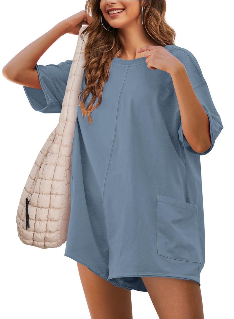 UANEO Rompers for Women Casual Oversized Athletic Jumpsuits Overalls Workout Hot Shot Tee Romper (BlueGrey-XL) - Image 1