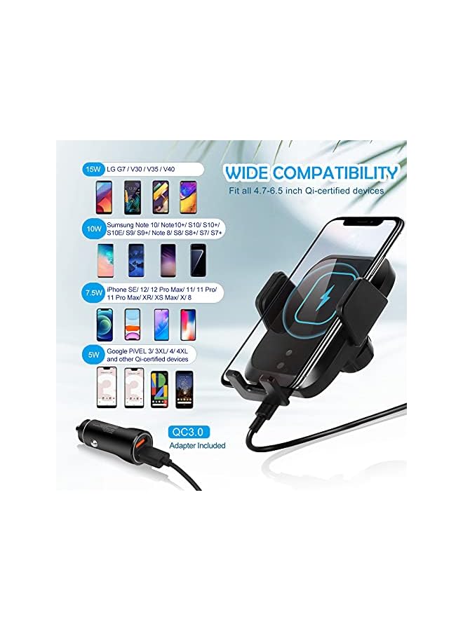 AccLoo Wireless Car Charger, 15W Qi Fast Charging Auto-Clamping Car Charger Mount, Car Air Vent Phone holder for iPhone14 Pro Max/14 Pro/14/13/12/11, Galaxy S22/S21+/S20 Ultra（Include QC3.0 Adapter） - Image 2