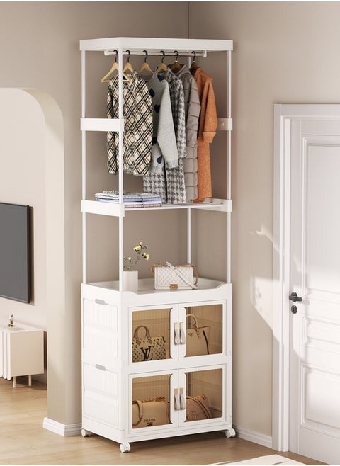 5 in 1 Tall Clothes Rack Storage Cabinets Plastic Foldable Wardrobe Garment Rack Shelves Stand Dresser Clothes Drying Rack ,with Wheels