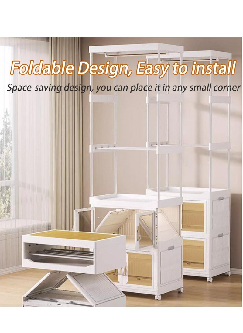 5 in 1 Tall Clothes Rack Storage Cabinets Plastic Foldable Wardrobe Garment Rack Shelves Stand Dresser Clothes Drying Rack ,with Wheels