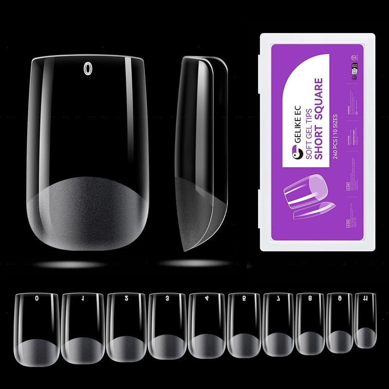 Gelike ec Short Square Nail Tips 240PCS Soft Gel Tips for Nail Extensions Square Shaped Full Cover Nail Tips Pre Etched PMMA Resin Clear False Nails Press on Nails 10 Sizes SHORT SQUARE