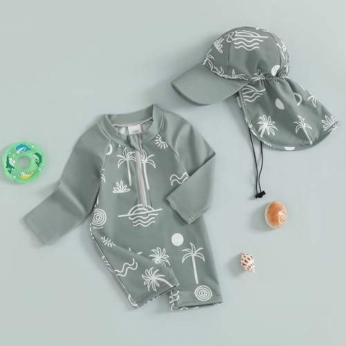 Lucikamy Toddler Baby Boy Girls One Piece Swimsuit Long Sleeve Zipper Bathing Suit with Hat Infant Rash Guard Swimwear (Army Green, 3-6 Months) - Image 3