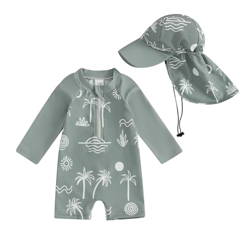 Lucikamy Toddler Baby Boy Girls One Piece Swimsuit Long Sleeve Zipper Bathing Suit with Hat Infant Rash Guard Swimwear (Army Green, 3-6 Months) - Image 1