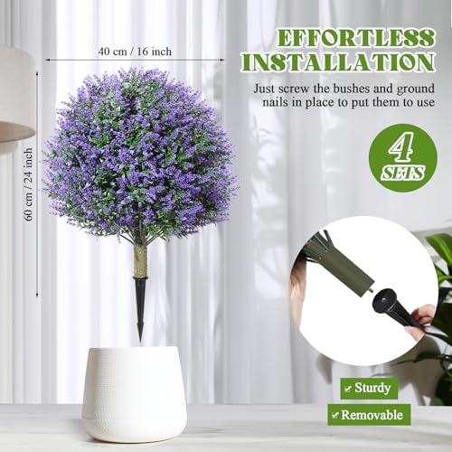 Lunmon Artificial Topiary Ball Trees Outdoor Set of 4, 24 Inch Faux Flower Topiary Bushes Plants with Ground Spikes, UV Resistant Artificial Shrubs for Porch Patio Garden Decor (Lavender,Purple) - Image 2