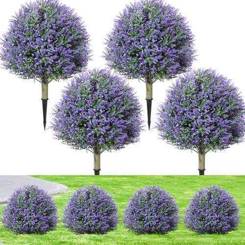 Lunmon Artificial Topiary Ball Trees Outdoor Set of 4, 24 Inch Faux Flower Topiary Bushes Plants with Ground Spikes, UV Resistant Artificial Shrubs for Porch Patio Garden Decor (Lavender,Purple) - Image 1