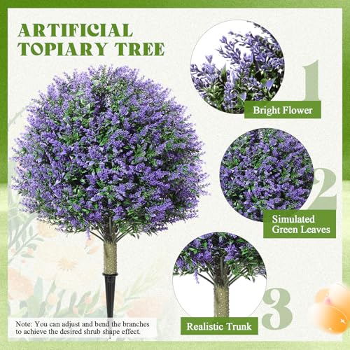 Lunmon Artificial Topiary Ball Trees Outdoor Set of 4, 24 Inch Faux Flower Topiary Bushes Plants with Ground Spikes, UV Resistant Artificial Shrubs for Porch Patio Garden Decor (Lavender,Purple) - Image 4