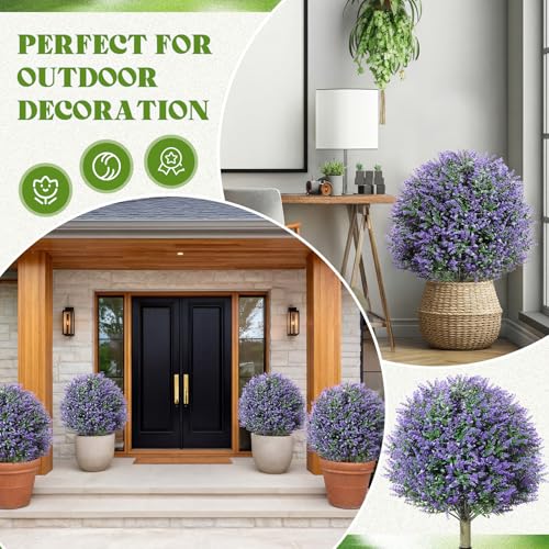 Lunmon Artificial Topiary Ball Trees Outdoor Set of 4, 24 Inch Faux Flower Topiary Bushes Plants with Ground Spikes, UV Resistant Artificial Shrubs for Porch Patio Garden Decor (Lavender,Purple) - Image 3