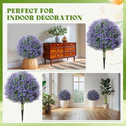Lunmon Artificial Topiary Ball Trees Outdoor Set of 4, 24 Inch Faux Flower Topiary Bushes Plants with Ground Spikes, UV Resistant Artificial Shrubs for Porch Patio Garden Decor (Lavender,Purple) - Image 5