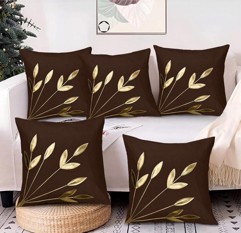 K.S. CRAFT KSCRAFT Silk Decorative Golden Leaf Striped Pillow Cover Bedroom Living Room Cushion Cover Set of 5 16X16 INCHBrown - Image 1