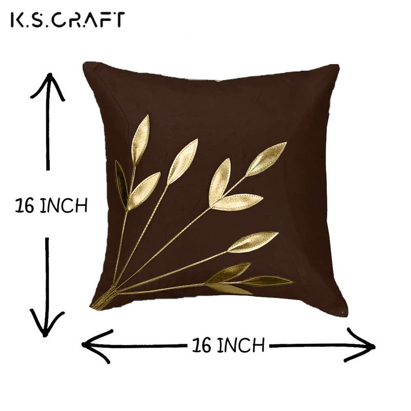 K.S. CRAFT KSCRAFT Silk Decorative Golden Leaf Striped Pillow Cover Bedroom Living Room Cushion Cover Set of 5 16X16 INCHBrown - Image 3