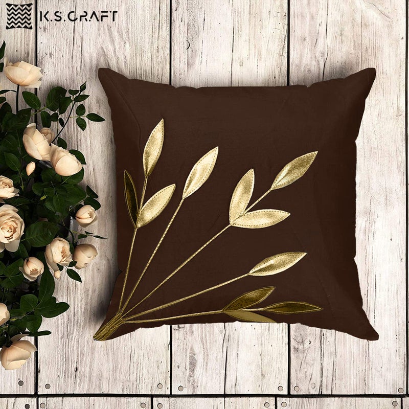 K.S. CRAFT KSCRAFT Silk Decorative Golden Leaf Striped Pillow Cover Bedroom Living Room Cushion Cover Set of 5 16X16 INCHBrown - Image 2