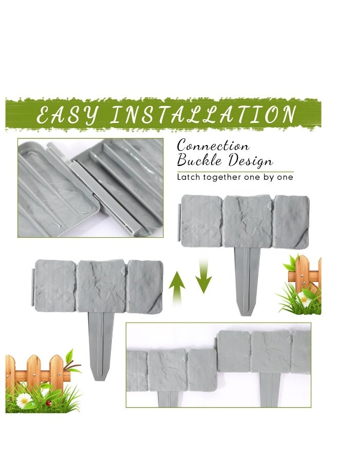 Garden Edging Border, 25 Pcs Garden Landscape Edging Borders, Plastic Garden Fence Edging, Interlocking Landscaping Edging, Imitation Stone Effect Grey Fence, for DIY Outdoor Patio Balcony Yard