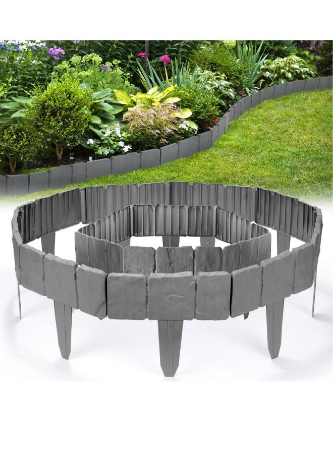 Garden Edging Border, 25 Pcs Garden Landscape Edging Borders, Plastic Garden Fence Edging, Interlocking Landscaping Edging, Imitation Stone Effect Grey Fence, for DIY Outdoor Patio Balcony Yard