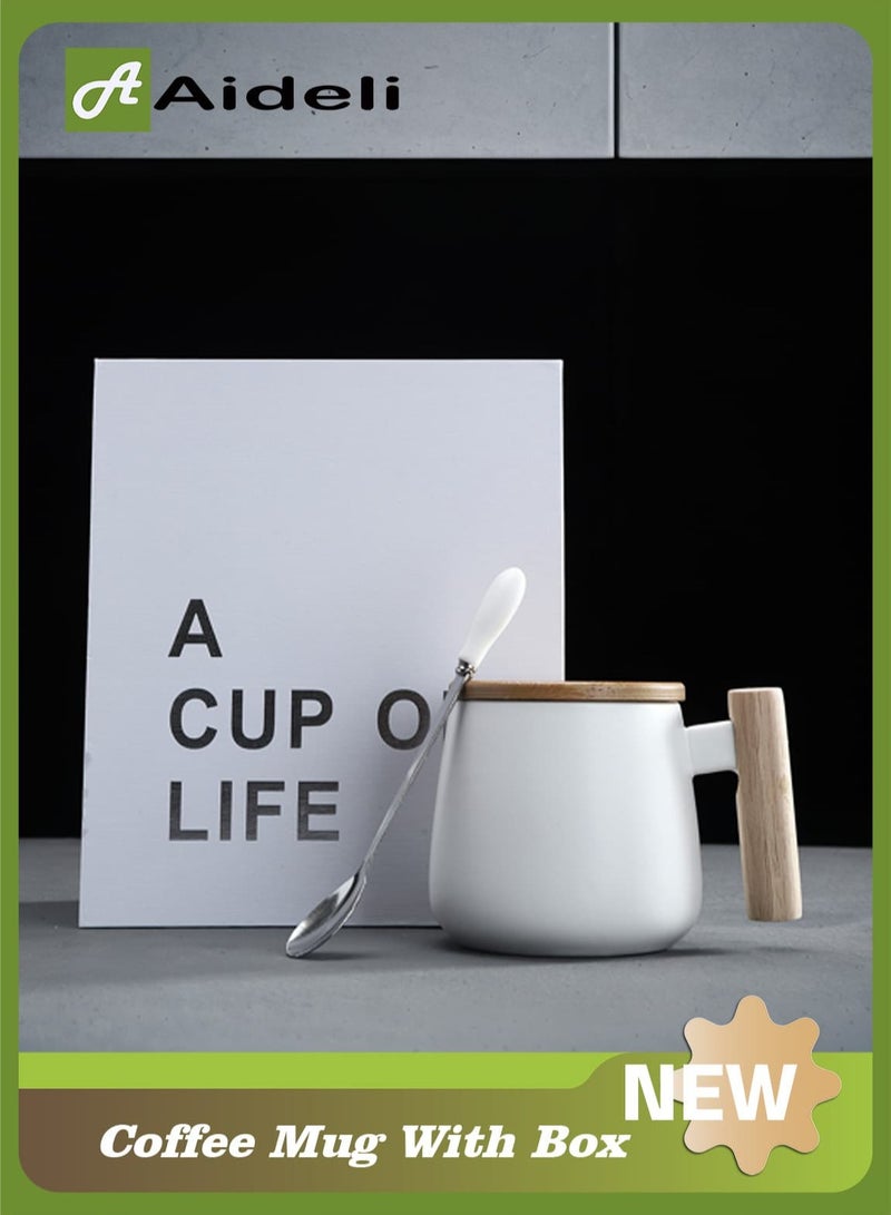 Aideli Ceramic coffee mug with wooden lid, gift mug White - Image 1