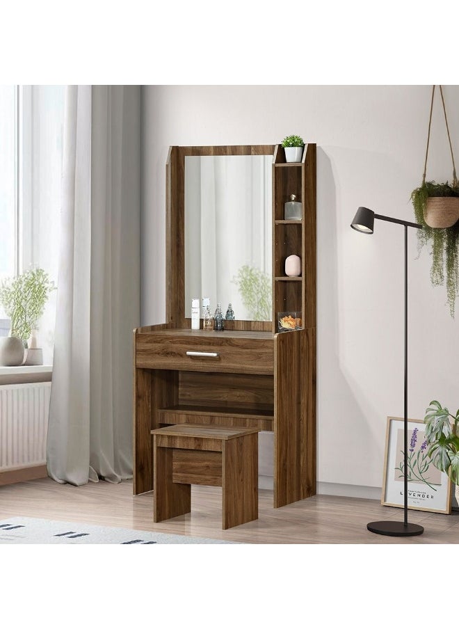DANUBE HOME Supreme 1-Drawer Tall Dressing Table with Stool – Modern Vanity Set for Bedroom, Living Room, Makeup Desk, Storage & Organization – Elegant Home Furniture - Light Walnut  - Image 1