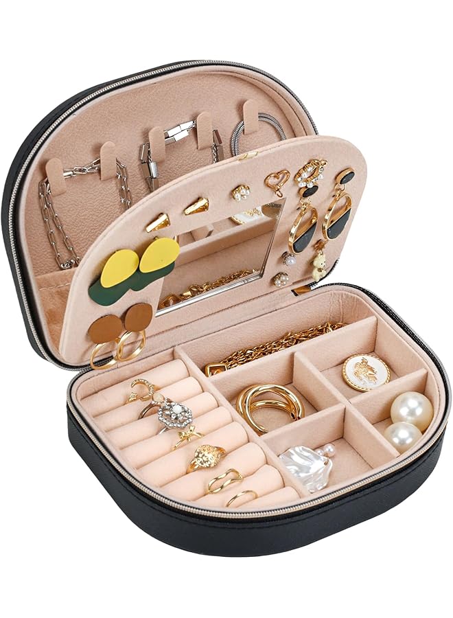 The Bros Travel Jewellery Box for Women, Travel Jewelry Earrings Organizer for Women Jewelry Box Organizer for Women Jewelry Organizer Bag with Mirror Rings Storage Box (Black) - Image 1