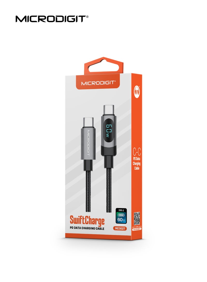 ميكرو ديجيت Microdigit MC302T - PD Type C to Type C 60W Fast Charging Cable, Faster Data Transfer, 3.1A ,1.2M, Nylon Braided Cable with Digital Display - Multicolour - Image 5