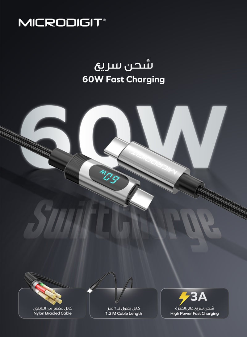 ميكرو ديجيت Microdigit MC302T - PD Type C to Type C 60W Fast Charging Cable, Faster Data Transfer, 3.1A ,1.2M, Nylon Braided Cable with Digital Display - Multicolour - Image 2