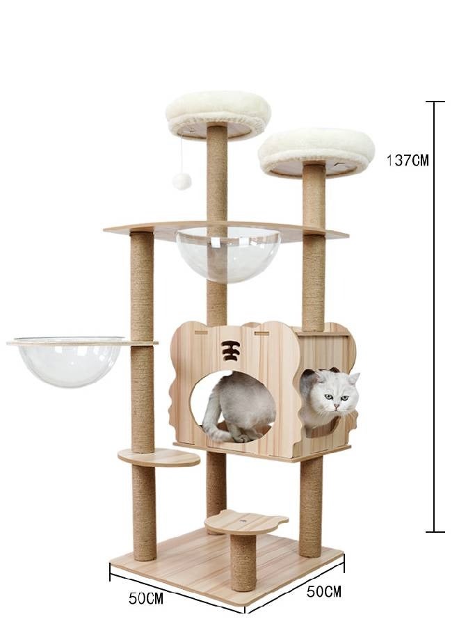 إن كي أكس شجرة قطط خشبية أنيقة متعددة المستويات مع مخبأ مريح وعناصر مرحة - Image 1